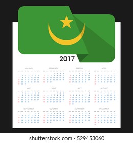 Calendar grid for 2017 with Mauritania flag on 2017. National flag on a Black background with shadow. Sundays first. Best for business and office needs. Vector illustration
