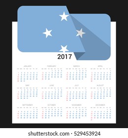 Calendar grid for 2017 with Micronesia, Federated States flag on 2017. National flag on a Black background with shadow. Sundays first. Best for business and office needs. Vector illustration