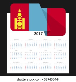Calendar grid for 2017 with Mongolia flag on 2017. National flag on a Black background with shadow. Sundays first. Best for business and office needs. Vector illustration