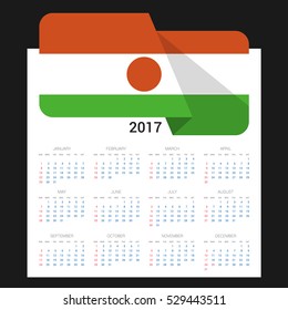 Calendar grid for 2017 with Niger flag on 2017. National flag on a Black background with shadow. Sundays first. Best for business and office needs. Vector illustration