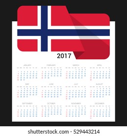 Calendar grid for 2017 with Norway flag on 2017. National flag on a Black background with shadow. Sundays first. Best for business and office needs. Vector illustration
