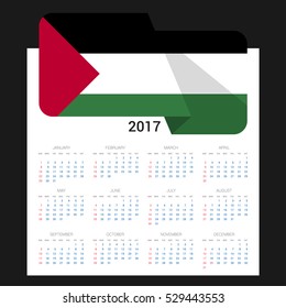 Calendar grid for 2017 with Palestine flag on 2017. National flag on a Black background with shadow. Sundays first. Best for business and office needs. Vector illustration