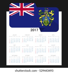 Calendar grid for 2017 with Pitcairn Islnand flag on 2017. National flag on a Black background with shadow. Sundays first. Best for business and office needs. Vector illustration