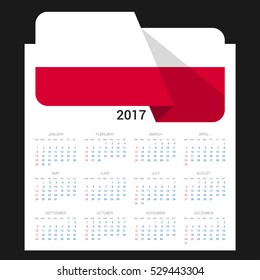 Calendar grid for 2017 with Poland flag on 2017. National flag on a Black background with shadow. Sundays first. Best for business and office needs. Vector illustration