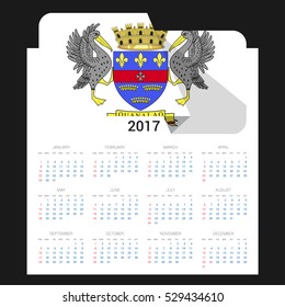 Calendar grid for 2017 with Saint Barthelemy flag on 2017. National flag on a Black background with shadow. Sundays first. Best for business and office needs. Vector illustration
