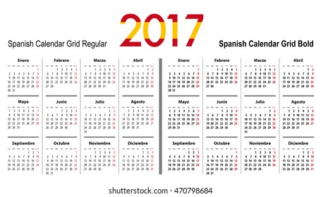 Calendar grid for 2017 with Spain flag colors on 2017. Mondays first. Regular and bold digits grid. Best for business and office needs, web design, presentations and prints. Vector illustration