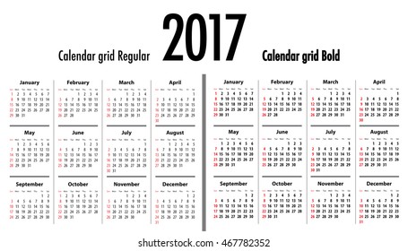 Calendar grid for 2017. Sundays first. Regular and bold digits grid. Best for business and office needs, web design, presentations and prints. Sundays first. Vector illustration