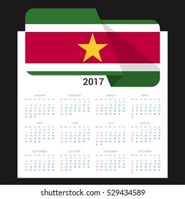 Calendar grid for 2017 with Suriname flag on 2017. National flag on a Black background with shadow. Sundays first. Best for business and office needs. Vector illustration
