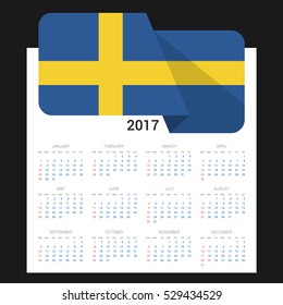 Calendar grid for 2017 with Sweden flag on 2017. National flag on a Black background with shadow. Sundays first. Best for business and office needs. Vector illustration

