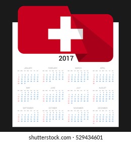 Calendar grid for 2017 with Switzerland flag on 2017. National flag on a Black background with shadow. Sundays first. Best for business and office needs. Vector illustration
