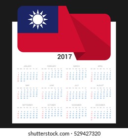 Calendar grid for 2017 with Taiwan  flag on 2017. National flag on a Black background with shadow. Sundays first. Best for business and office needs. Vector illustration