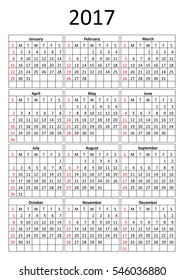 Calendar grid 2017. Template without background for print, vertical A4 format. Easy editable vector illustration. Place for a logo or company name at the top. 12 months. Week starts sunday.