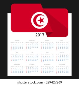 Calendar grid for 2017 with Tunisia flag on 2017. National flag on a Black background with shadow. Sundays first. Best for business and office needs. Vector illustration