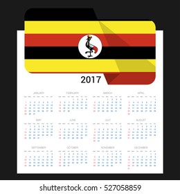 Calendar grid for 2017 with Uganda flag on 2017. National flag on a Black background with shadow. Sundays first. Best for business and office needs. Vector illustration