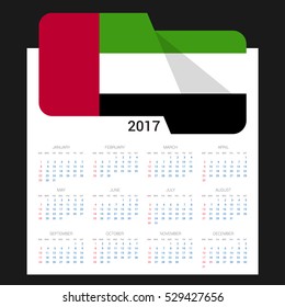 Calendar grid for 2017 with United Arab Emirates flag on 2017. National flag on a Black background with shadow. Sundays first. Best for business and office needs. Vector illustration