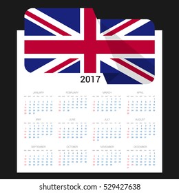 Calendar grid for 2017 with United Kingdom flag on 2017. National flag on a Black background with shadow. Sundays first. Best for business and office needs. Vector illustration