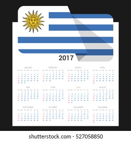 Calendar grid for 2017 with Uruguay flag on 2017. National flag on a Black background with shadow. Sundays first. Best for business and office needs. Vector illustration