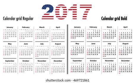 Calendar grid for 2017 with USA flag on 2017. Sundays first. Regular and bold digits grid. Best for business and office needs, web design, presentations and prints. Sundays first. Vector illustration