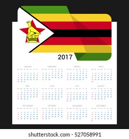 Calendar grid for 2017 with Zimbabwe flag on 2017. National flag on a Black background with shadow. Sundays first. Best for business and office needs. Vector illustration