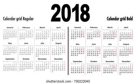Calendar grid for 2018. Mondays first. Regular and bold digits grid. For business and office needs, web design, presentations and prints. Vector illustration