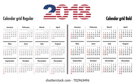Calendar grid for 2018 with USA flag colors on 2018 digits. Sundays first. Regular and bold digits grid. Best for business, web design, presentations and prints. Sundays first. Vector illustration
