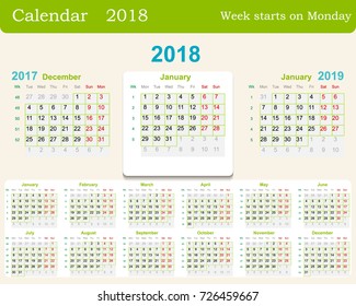 Calendar grid for 2018 week starts from Monday and from December of the previous year 2017 and January next 2019. Includes the week numbers. Vector illustration.