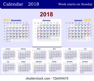 Calendar grid for 2018 week starts from Sunday and from December of the previous year 2017 and January next 2019. Includes the week numbers. Vector illustration.