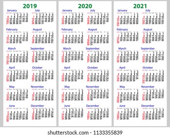 Calendar grid for 2019, 2020 and 2021 years set. The week starts on Sunday. One day off is Sunday. Simple vertical template in English. Vector illustration