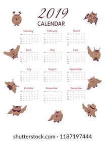 Calendar grid for 2019 with cartoon hand drawn owl. Calendar with brown cartoon owls in various positions.