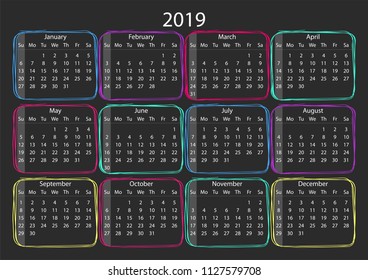 Calendar grid 2019 year. Colorful calendar. Pink, blue, yellow, purple colors on black background. Doodle, sketch calendar 2019. Sunday starts. Vector illustration EPS10.