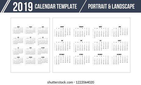 Calendar Grid for 2019 year on white background. Portrait and landscape orientation layout. Vector design print template. Week starts Sunday. Stationery design.