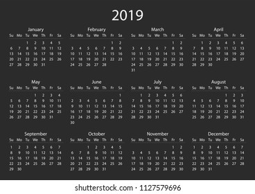  Calendar grid 2019 year white on black background. Calendar template 2019. Sunday starts. Vector illustration. EPS10.
