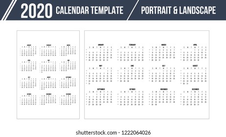 Calendar Grid for 2020 year on white background. Portrait and landscape orientation layout. Vector design print template. Week starts Sunday. Stationery design.