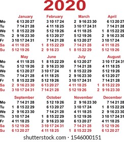 Calendar grid 2020 year. Simple calendar template vertical orientation days of week. Isolated on white vector illustration