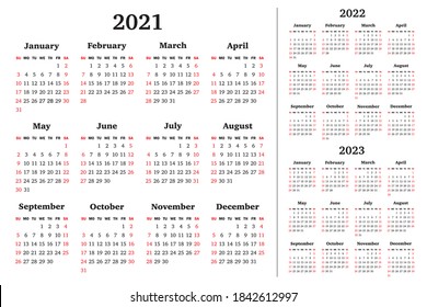Calendar grid for 2021, 2022, 2023 years. Week starts Sunday. Vector design template