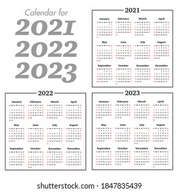 Calendar grid for 2021, 2022, 2023 years. Week starts Sunday. Vector design template