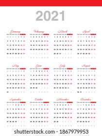 Calendar grid for 2021 in English