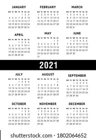 Calendar grid for 2021 year isolated on a white background. Week starts monday. Vector design template