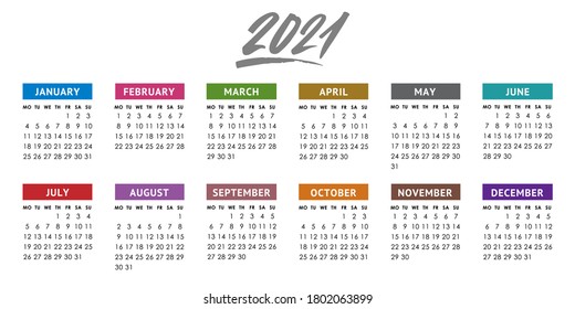 Calendar grid for 2021 year. Week starts Monday. Vector design template