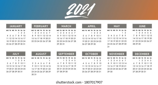 Calendar grid for 2021 year. Week starts monday. Vector design template