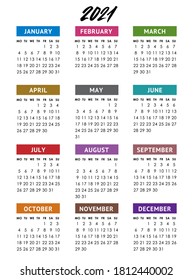 Calendar grid for 2021 year. Week starts monday. Vector design template