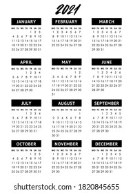 Calendar grid for 2021 year. Week starts monday. Vector design template