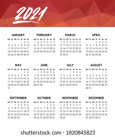 Calendar grid for 2021 year. Week starts monday. Vector design template