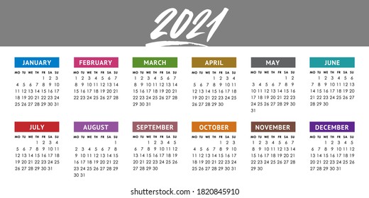 Calendar grid for 2021 year. Week starts monday. Vector design template