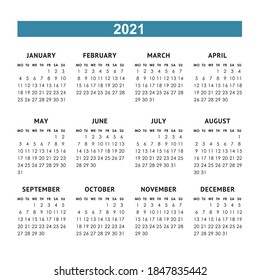 Cuadrícula del calendario para 2021 año. La semana comienza el lunes. Plantilla de diseño de vector