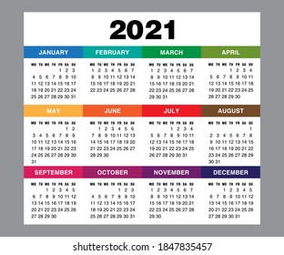 Calendar grid for 2021 year. Week starts monday. Vector design template
