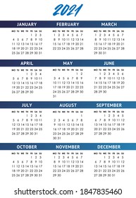 Cuadrícula del calendario para 2021 año. La semana comienza el lunes. Plantilla de diseño de vector