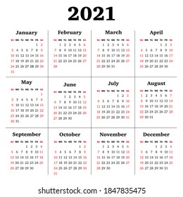 Kalendernetz für 2021 Jahr. Die Woche fängt Sonntag an. Vektordesign-Vorlage