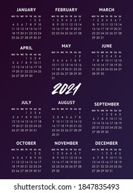 Cuadrícula del calendario para 2021 año. La semana comienza el lunes. Plantilla de diseño de vector