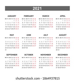 Calendar grid for 2021 year. Week starts monday. Vector design template